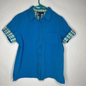 Denim & Co Stretch Seersucker Short Sleeve Top Bright Blue Plaid Cuffs Button Up